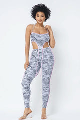 Mesh Print Crop Top With Plastic Chain Halter Neck With Matching Leggings - Fit Me For 20