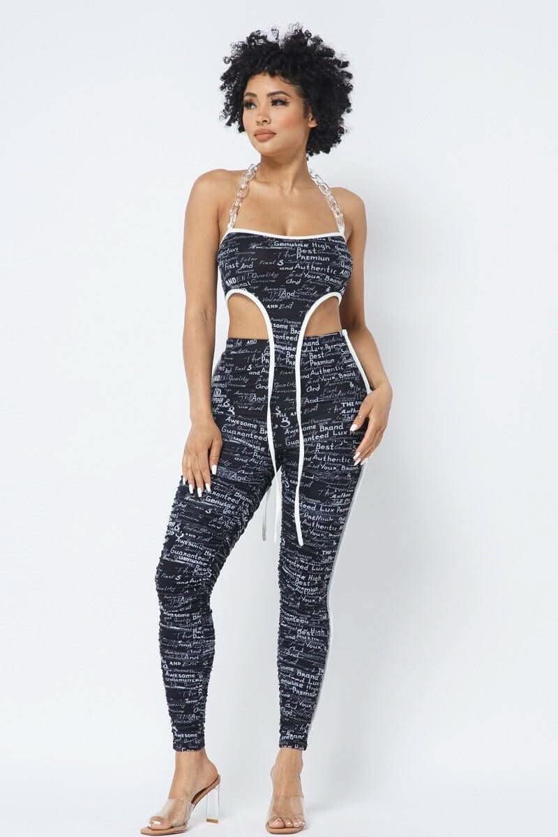 Mesh Print Crop Top With Plastic Chain Halter Neck With Matching Leggings - Fit Me For 20