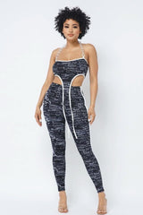 Mesh Print Crop Top With Plastic Chain Halter Neck With Matching Leggings - Fit Me For 20
