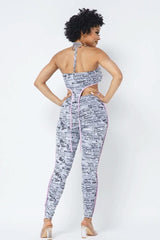 Mesh Print Crop Top With Plastic Chain Halter Neck With Matching Leggings - Fit Me For 20