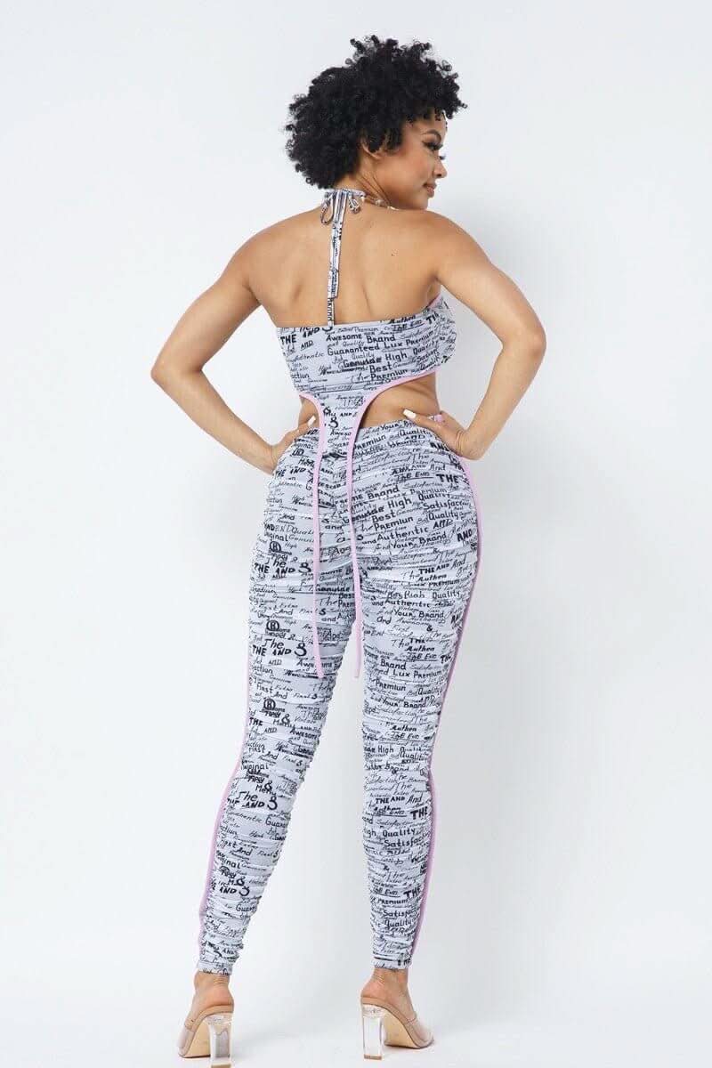 Mesh Print Crop Top With Plastic Chain Halter Neck With Matching Leggings - Fit Me For 20