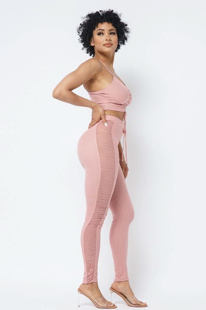 Mesh Strappy Adjustable Ruched Crop Top With Matching See Through Side Panel Leggings - Fit Me For 20