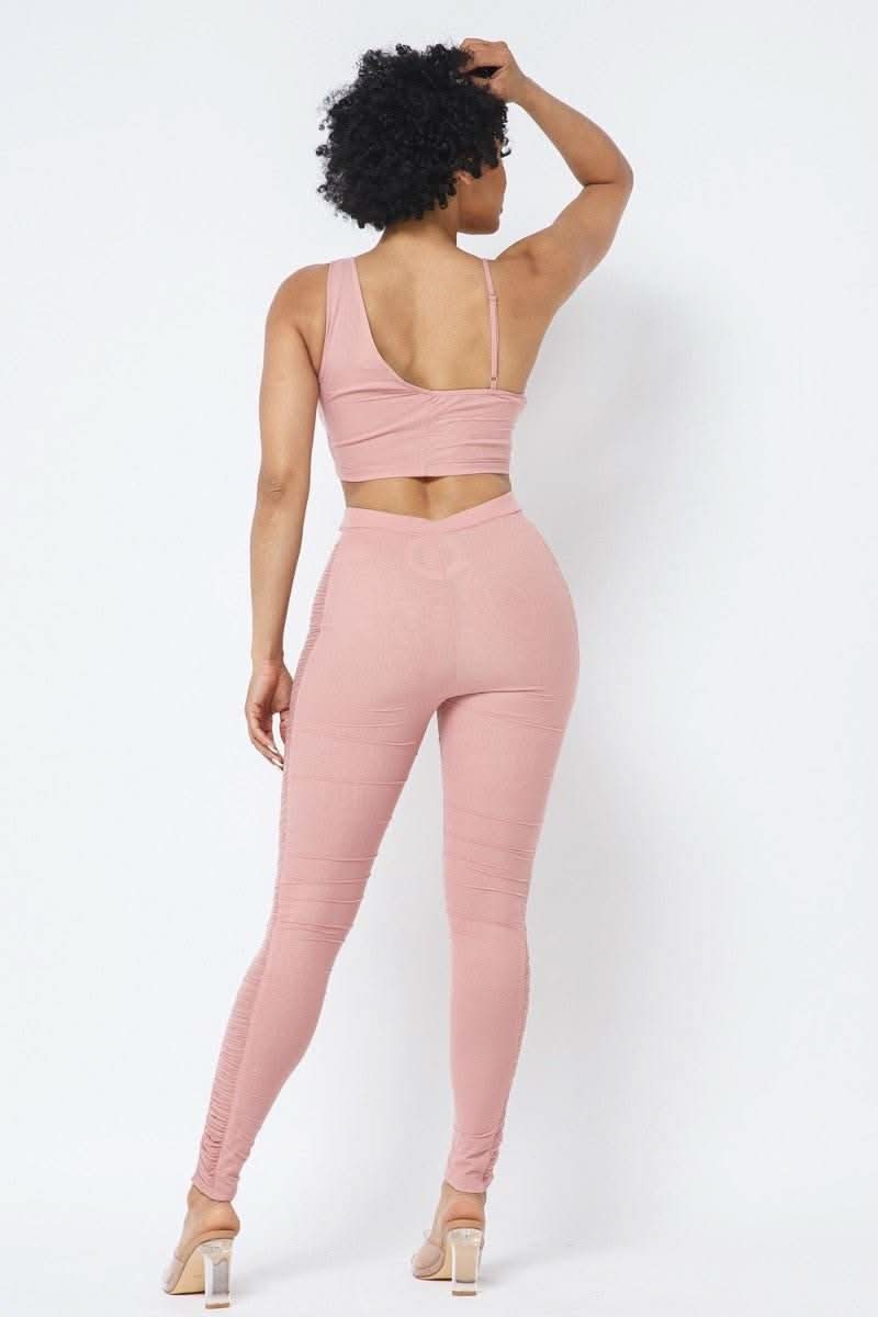Mesh Strappy Adjustable Ruched Crop Top With Matching See Through Side Panel Leggings - Fit Me For 20