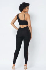 Mesh Strappy Adjustable Ruched Crop Top With Matching See Through Side Panel Leggings - Fit Me For 20