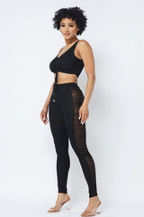 Mesh Strappy Adjustable Ruched Crop Top With Matching See Through Side Panel Leggings - Fit Me For 20