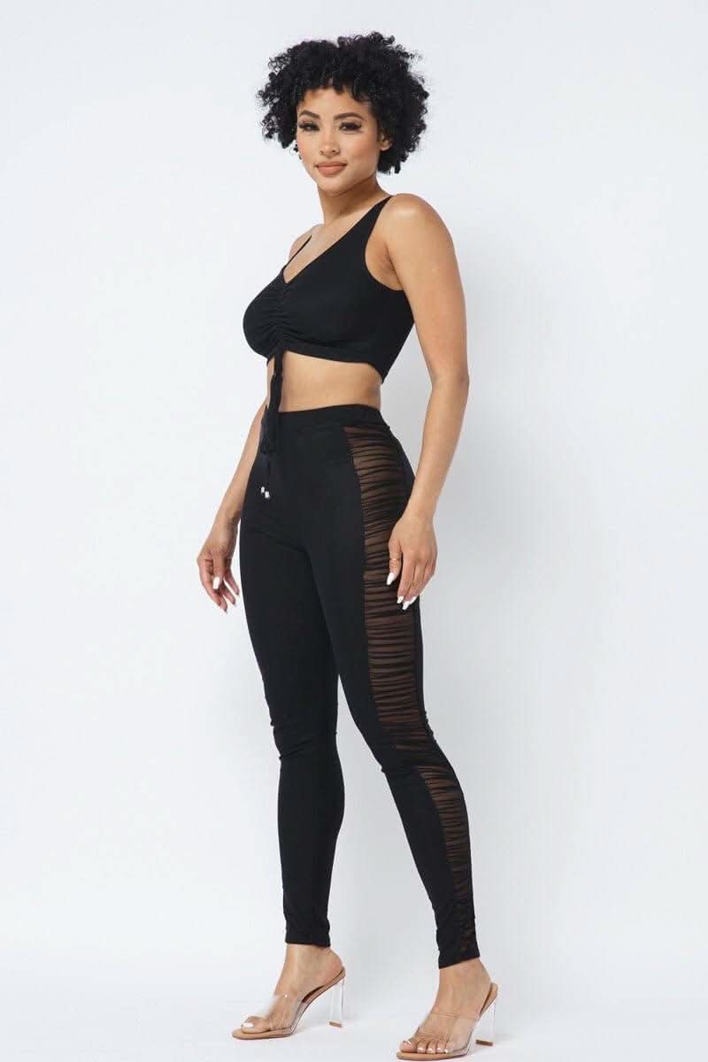 Mesh Strappy Adjustable Ruched Crop Top With Matching See Through Side Panel Leggings - Fit Me For 20