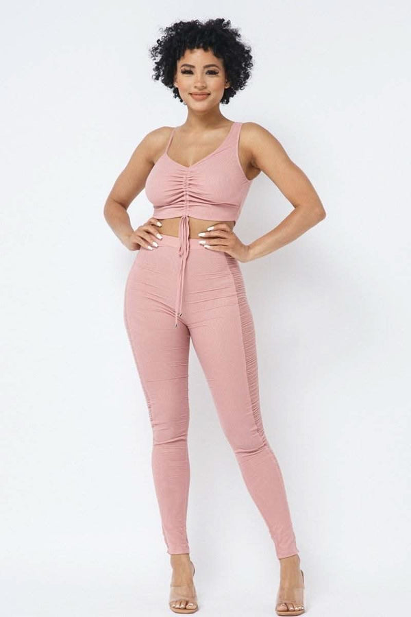 Mesh Strappy Adjustable Ruched Crop Top With Matching See Through Side Panel Leggings - Fit Me For 20