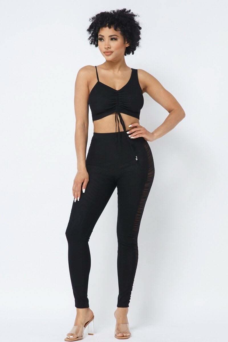 Mesh Strappy Adjustable Ruched Crop Top With Matching See Through Side Panel Leggings - Fit Me For 20