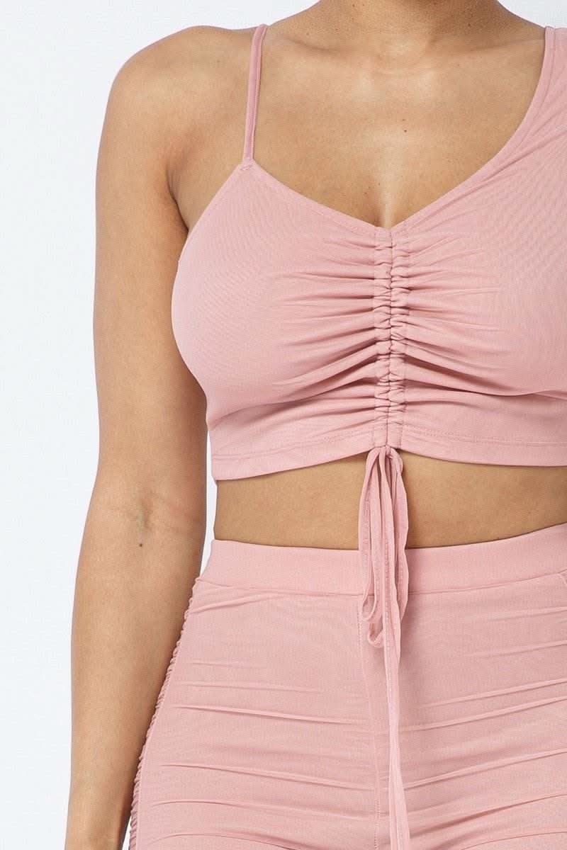 Mesh Strappy Adjustable Ruched Crop Top With Matching See Through Side Panel Leggings - Fit Me For 20