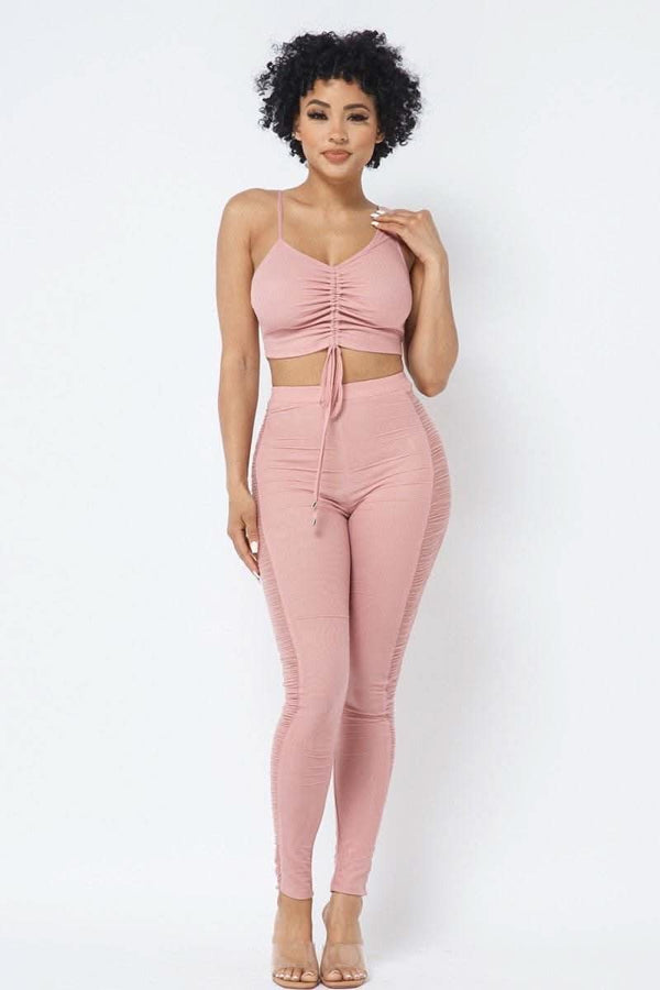 Mesh Strappy Adjustable Ruched Crop Top With Matching See Through Side Panel Leggings - Fit Me For 20