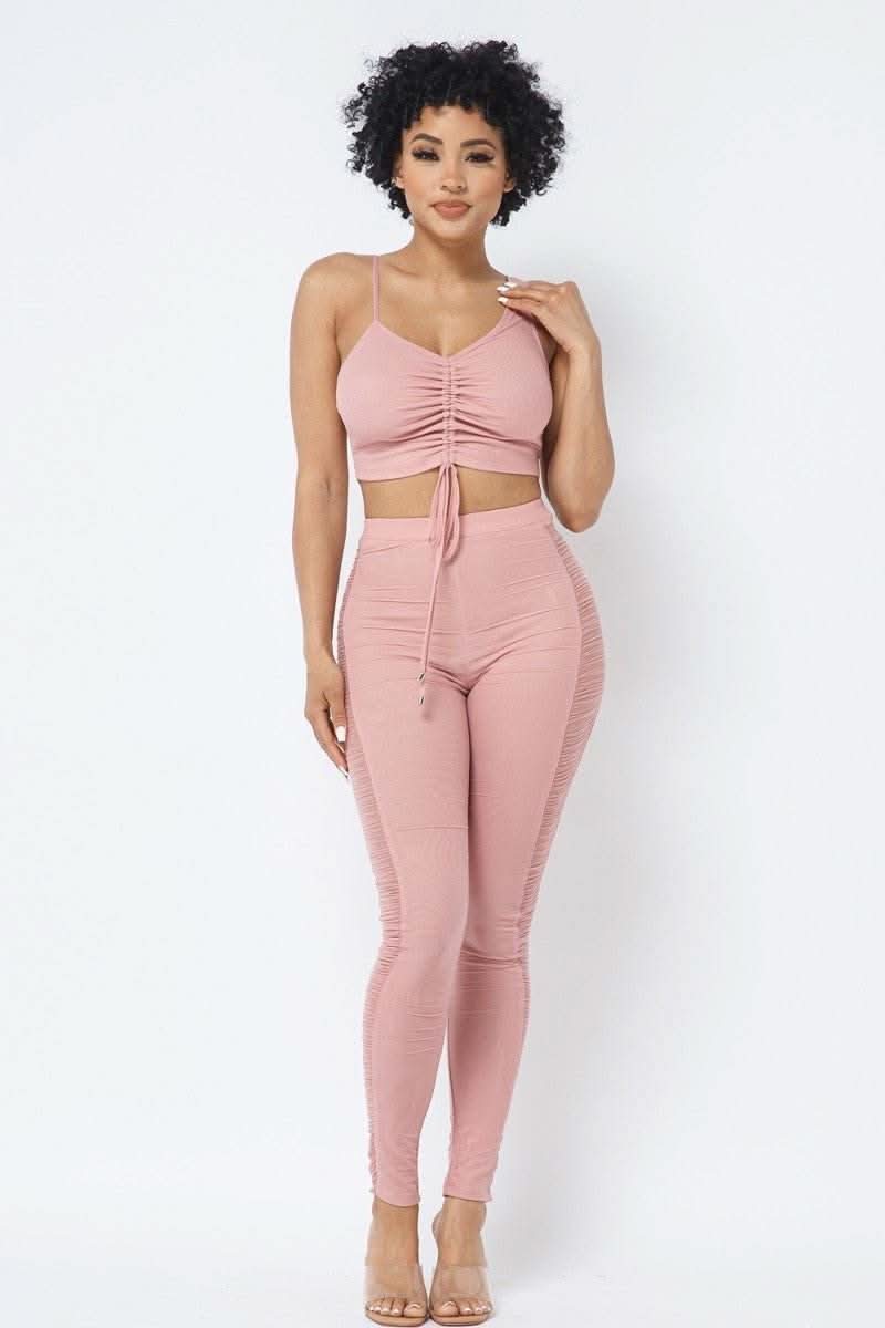 Mesh Strappy Adjustable Ruched Crop Top With Matching See Through Side Panel Leggings - Fit Me For 20
