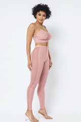 Mesh Strappy Adjustable Ruched Crop Top With Matching See Through Side Panel Leggings - Fit Me For 20