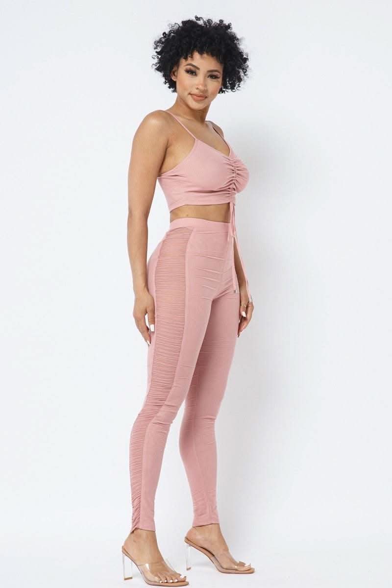 Mesh Strappy Adjustable Ruched Crop Top With Matching See Through Side Panel Leggings - Fit Me For 20
