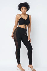 Mesh Strappy Adjustable Ruched Crop Top With Matching See Through Side Panel Leggings - Fit Me For 20