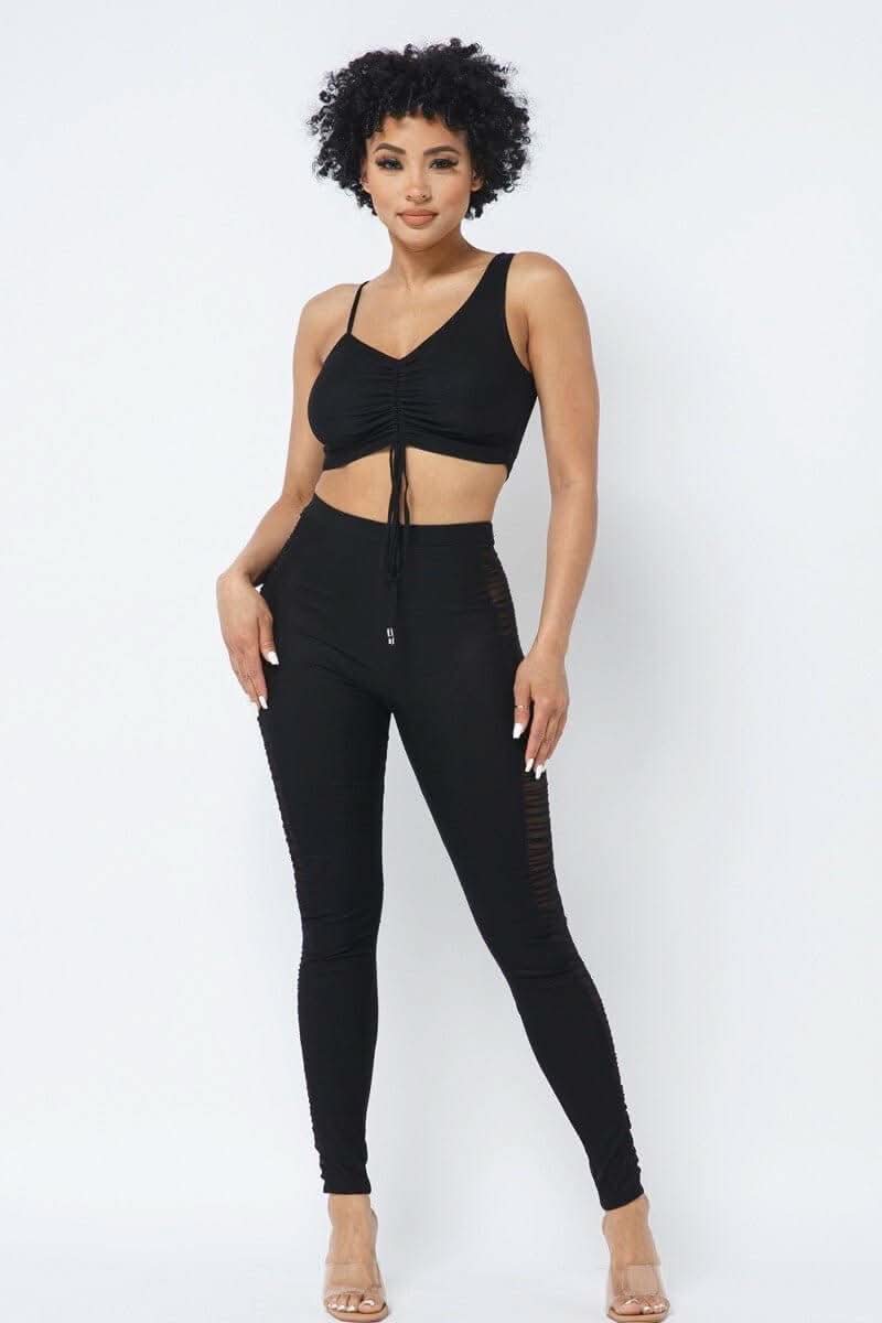 Mesh Strappy Adjustable Ruched Crop Top With Matching See Through Side Panel Leggings - Fit Me For 20