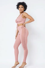 Mesh Strappy Adjustable Ruched Crop Top With Matching See Through Side Panel Leggings - Fit Me For 20
