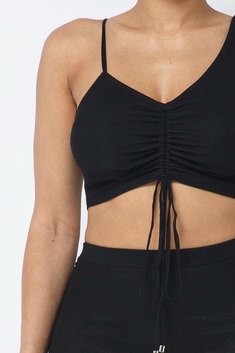 Mesh Strappy Adjustable Ruched Crop Top With Matching See Through Side Panel Leggings - Fit Me For 20