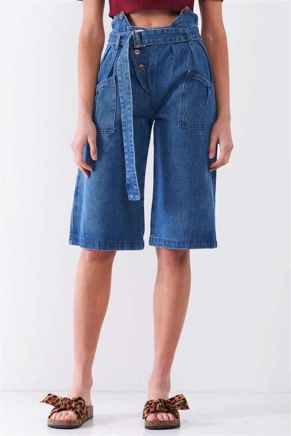 Mid Blue Denim Front Cut-out High-waist Buckle Self-tie Belt Detail Midi Flare Jean Pants - Fit Me For 20