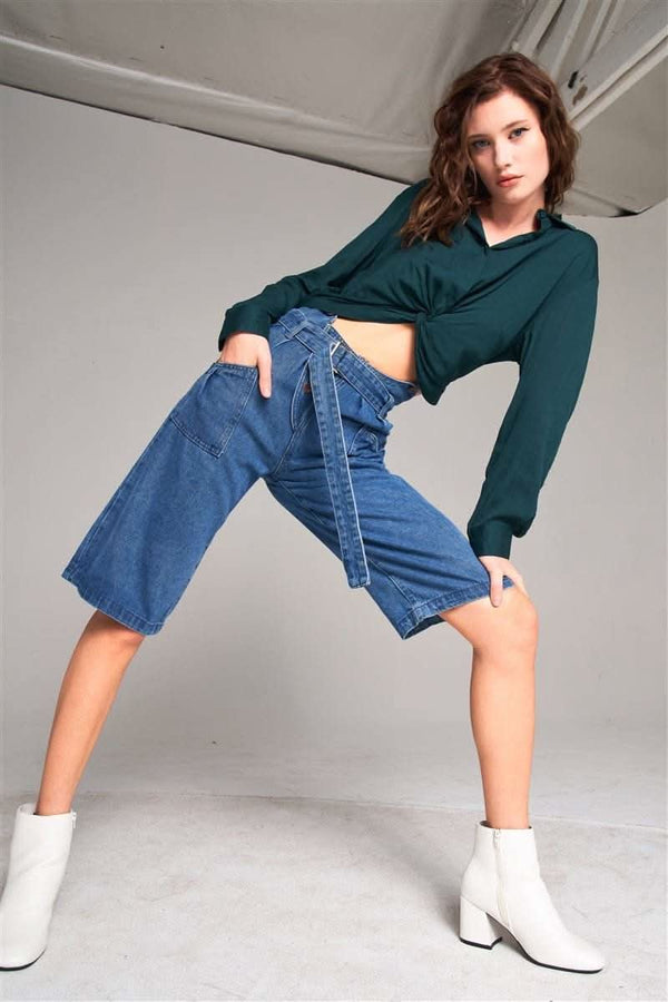 Mid Blue Denim Front Cut-out High-waist Buckle Self-tie Belt Detail Midi Flare Jean Pants - Fit Me For 20
