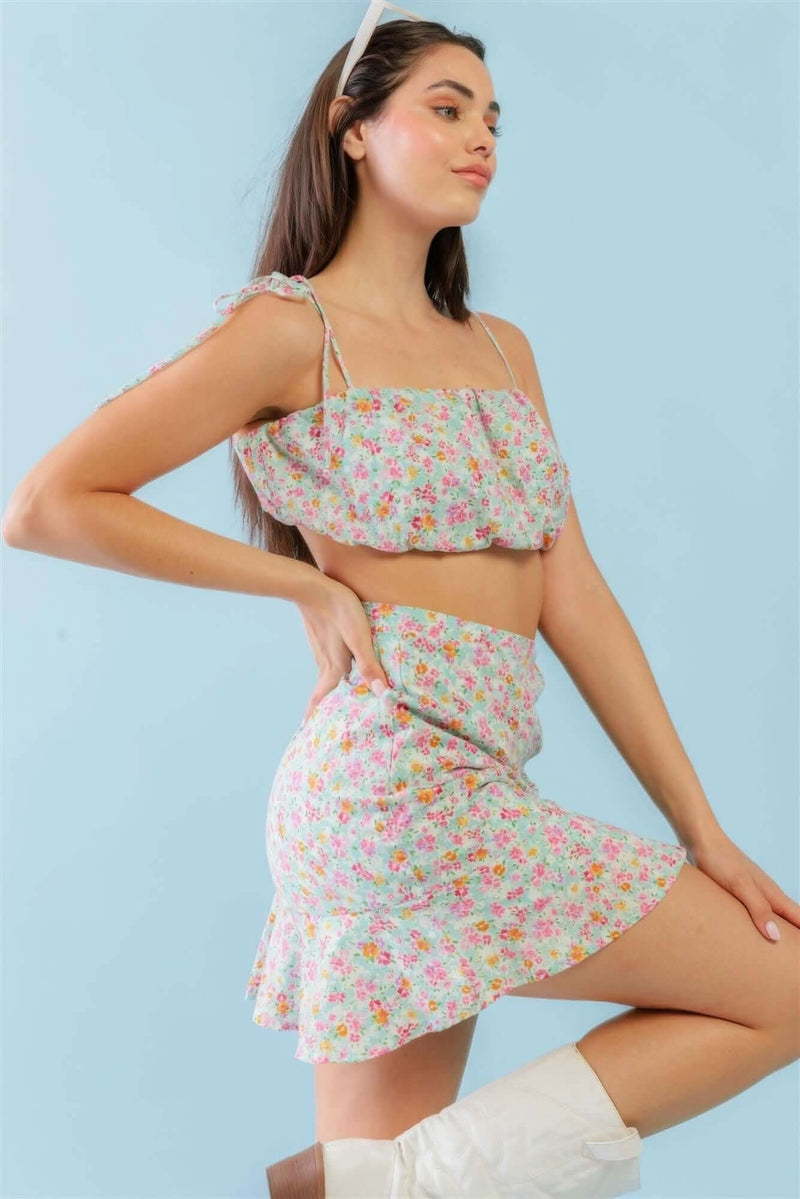 Mint Fuchsia Print Cotton Sleeveless Strappy Crop Top & High Waist Wrap Hem Mini Skirt Set - Fit Me For 20