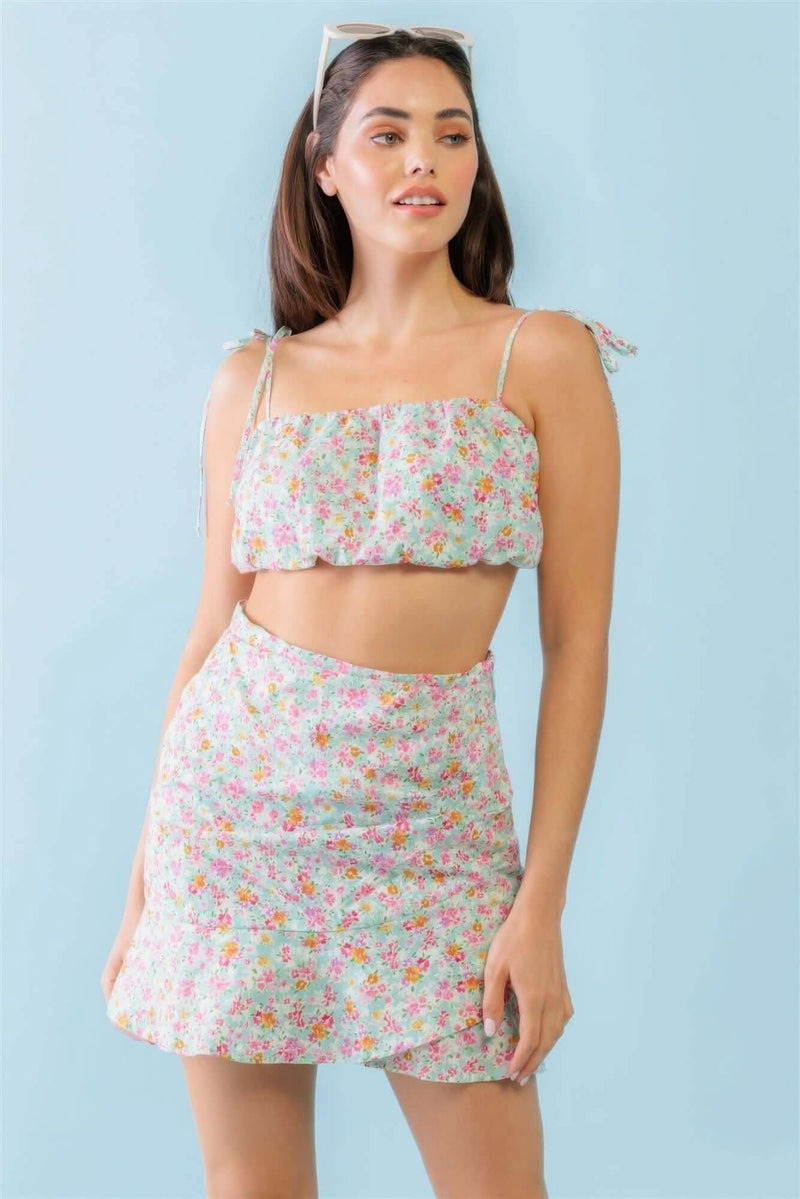 Mint Fuchsia Print Cotton Sleeveless Strappy Crop Top & High Waist Wrap Hem Mini Skirt Set - Fit Me For 20