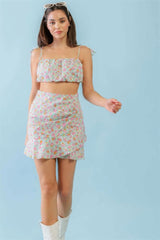 Mint Fuchsia Print Cotton Sleeveless Strappy Crop Top & High Waist Wrap Hem Mini Skirt Set - Fit Me For 20