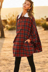 Mock Neck With Zipper Contrast Inside Front Pocket Plaid Poncho - Fit Me For 20