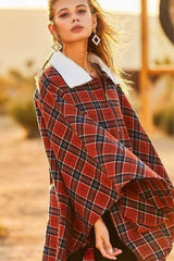 Mock Neck With Zipper Contrast Inside Front Pocket Plaid Poncho - Fit Me For 20