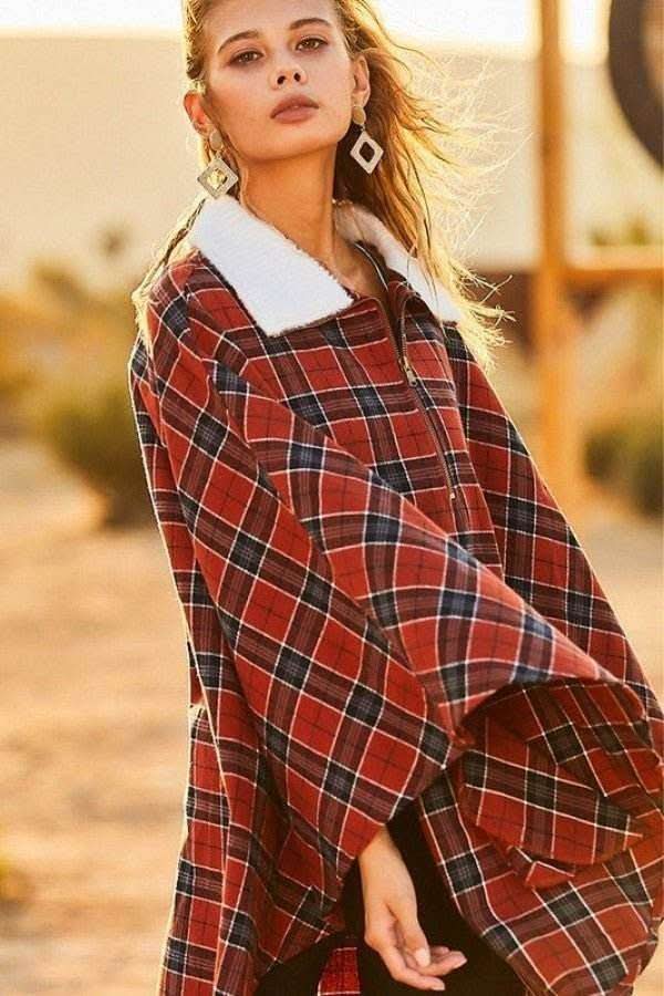 Mock Neck With Zipper Contrast Inside Front Pocket Plaid Poncho - Fit Me For 20