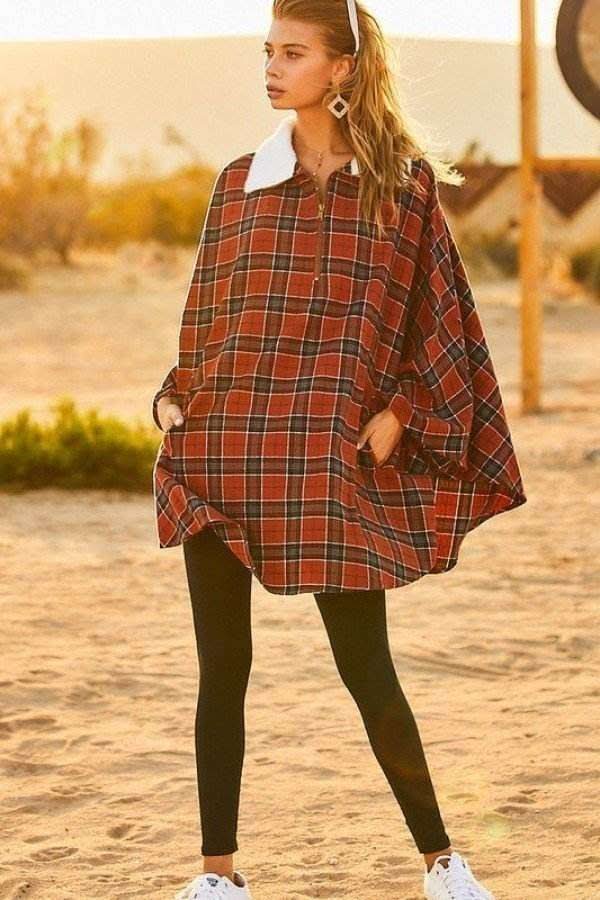 Mock Neck With Zipper Contrast Inside Front Pocket Plaid Poncho - Fit Me For 20