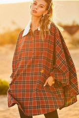 Mock Neck With Zipper Contrast Inside Front Pocket Plaid Poncho - Fit Me For 20