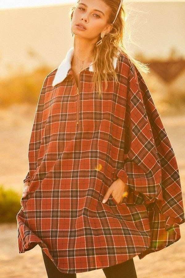 Mock Neck With Zipper Contrast Inside Front Pocket Plaid Poncho - Fit Me For 20