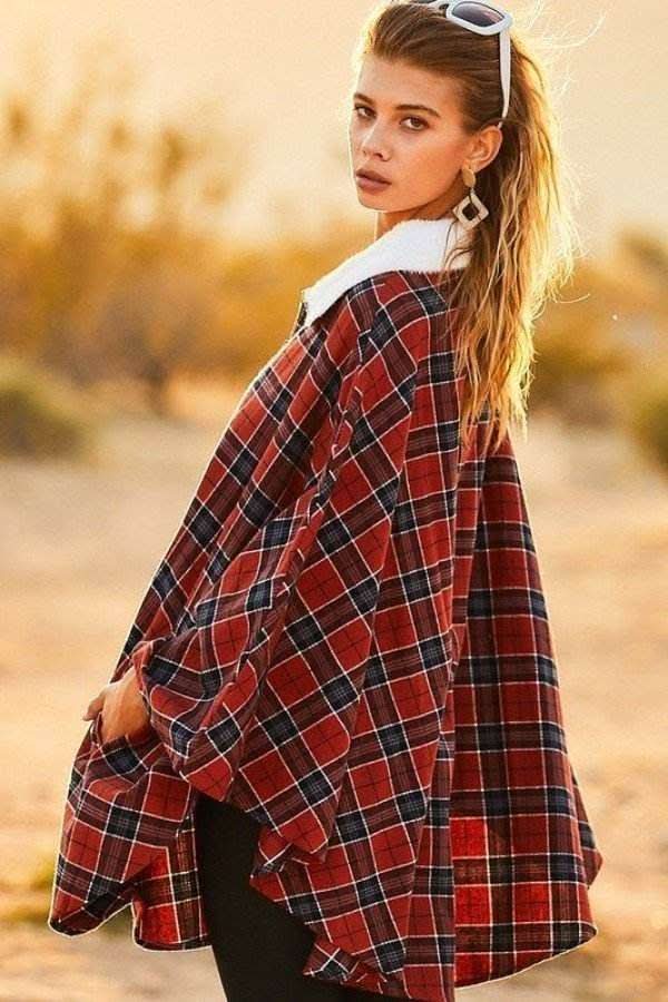 Mock Neck With Zipper Contrast Inside Front Pocket Plaid Poncho - Fit Me For 20