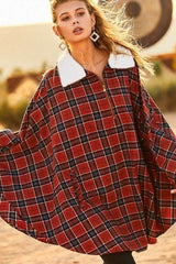 Mock Neck With Zipper Contrast Inside Front Pocket Plaid Poncho - Fit Me For 20