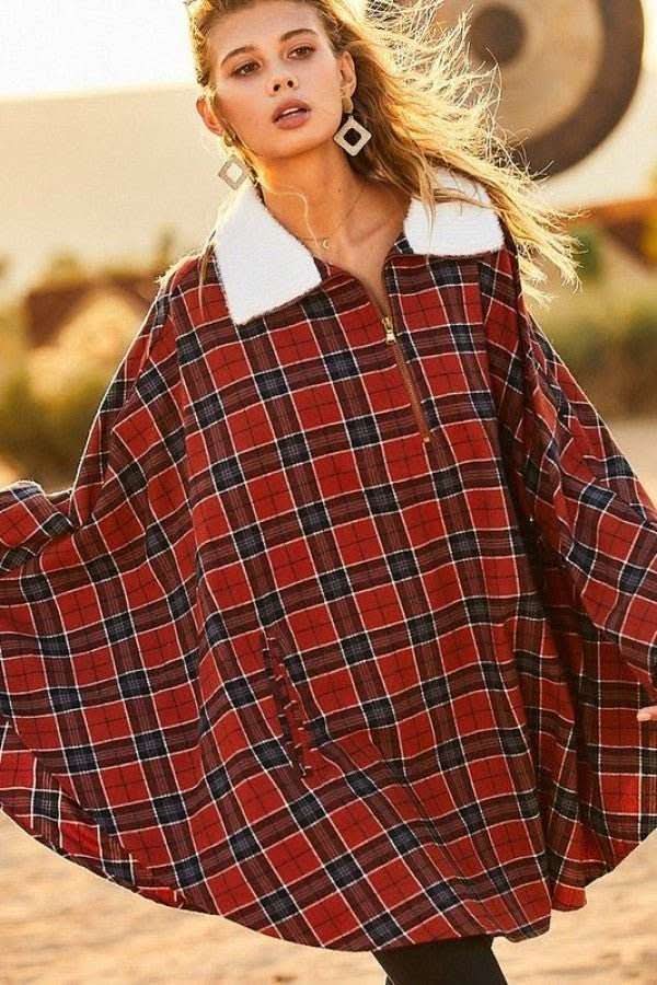 Mock Neck With Zipper Contrast Inside Front Pocket Plaid Poncho - Fit Me For 20