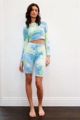 Multicolor Tie-dye Velvet Cropped Long Sleeve Top & Bike Shorts Set - Fit Me For 20