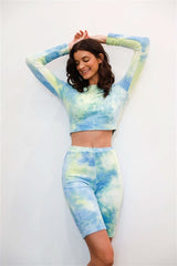 Multicolor Tie-dye Velvet Cropped Long Sleeve Top & Bike Shorts Set - Fit Me For 20