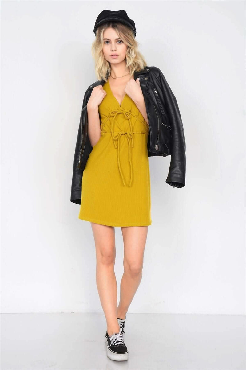 Mustard Ribbed V-neck Cap Sleeve Mini Solid Casual Dress - Fit Me For 20