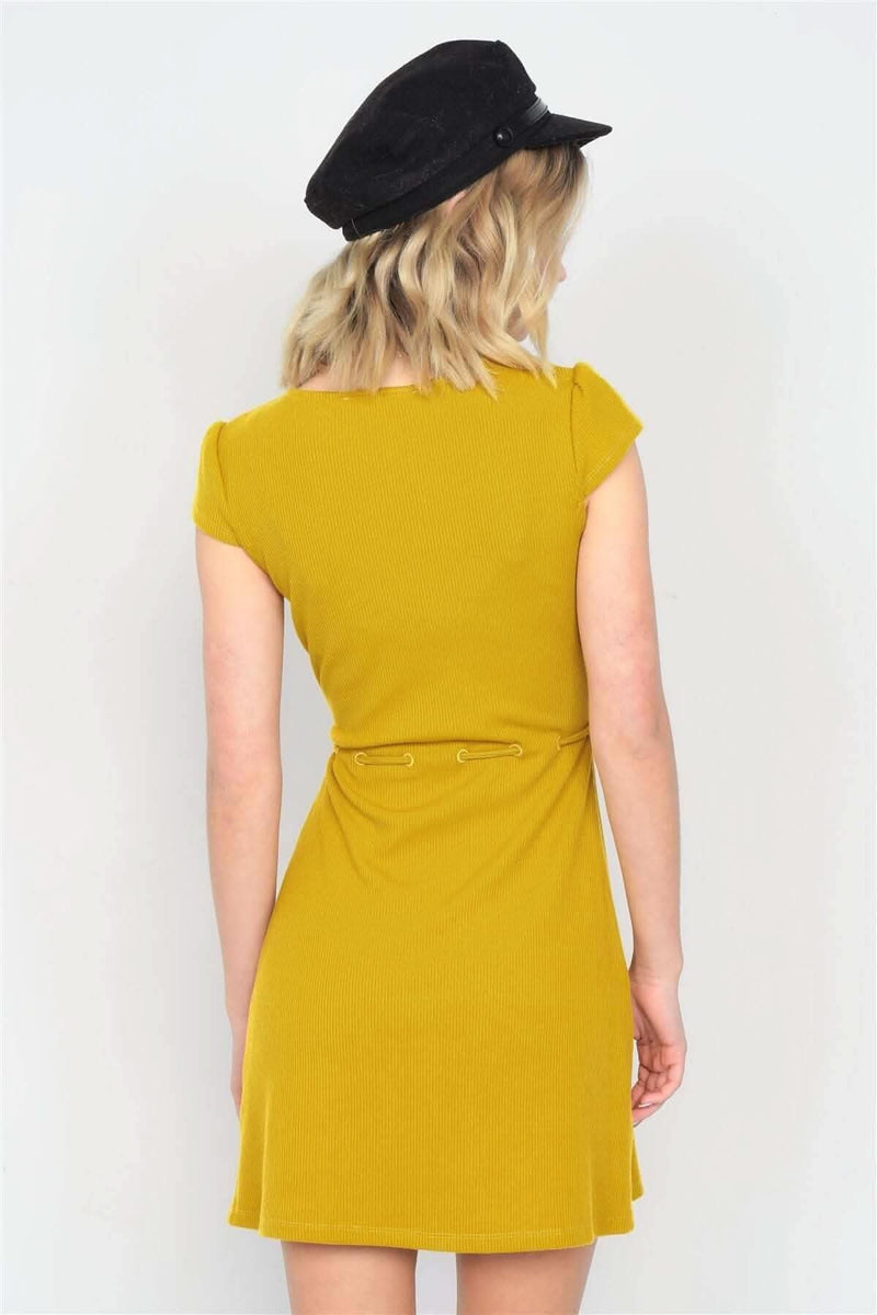 Mustard Ribbed V-neck Cap Sleeve Mini Solid Casual Dress - Fit Me For 20