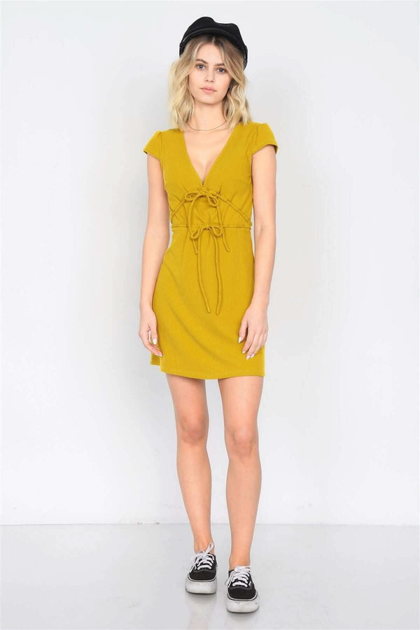 Mustard Ribbed V-neck Cap Sleeve Mini Solid Casual Dress - Fit Me For 20