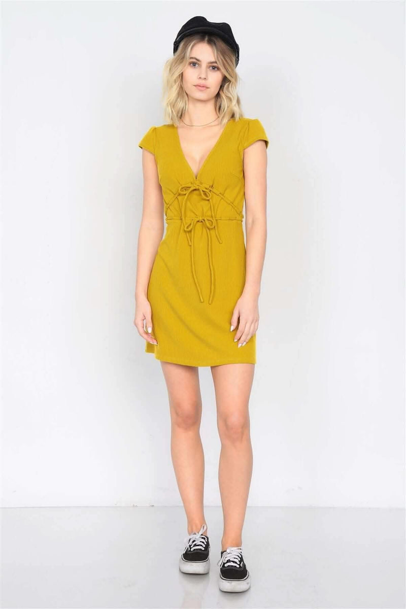 Mustard Ribbed V-neck Cap Sleeve Mini Solid Casual Dress - Fit Me For 20