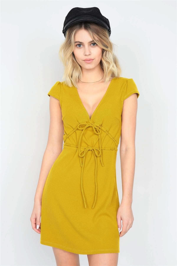 Mustard Ribbed V-neck Cap Sleeve Mini Solid Casual Dress - Fit Me For 20