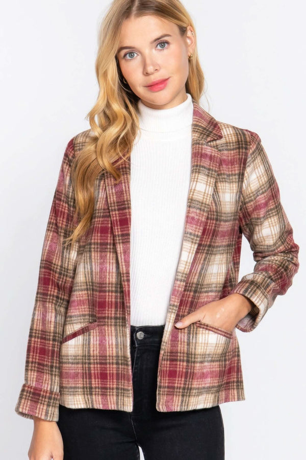 Notched Collar Plaid Jacket - Fit Me For 20