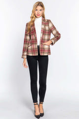 Notched Collar Plaid Jacket - Fit Me For 20