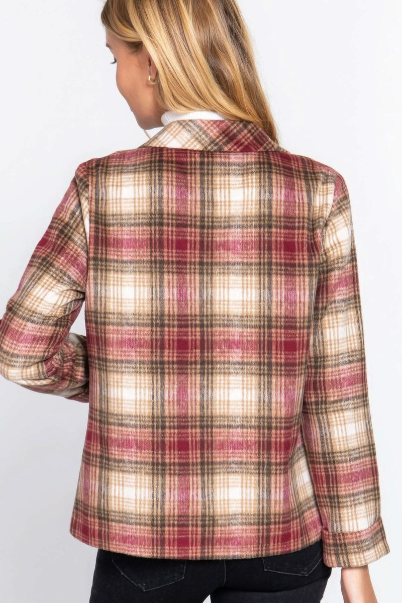 Notched Collar Plaid Jacket - Fit Me For 20
