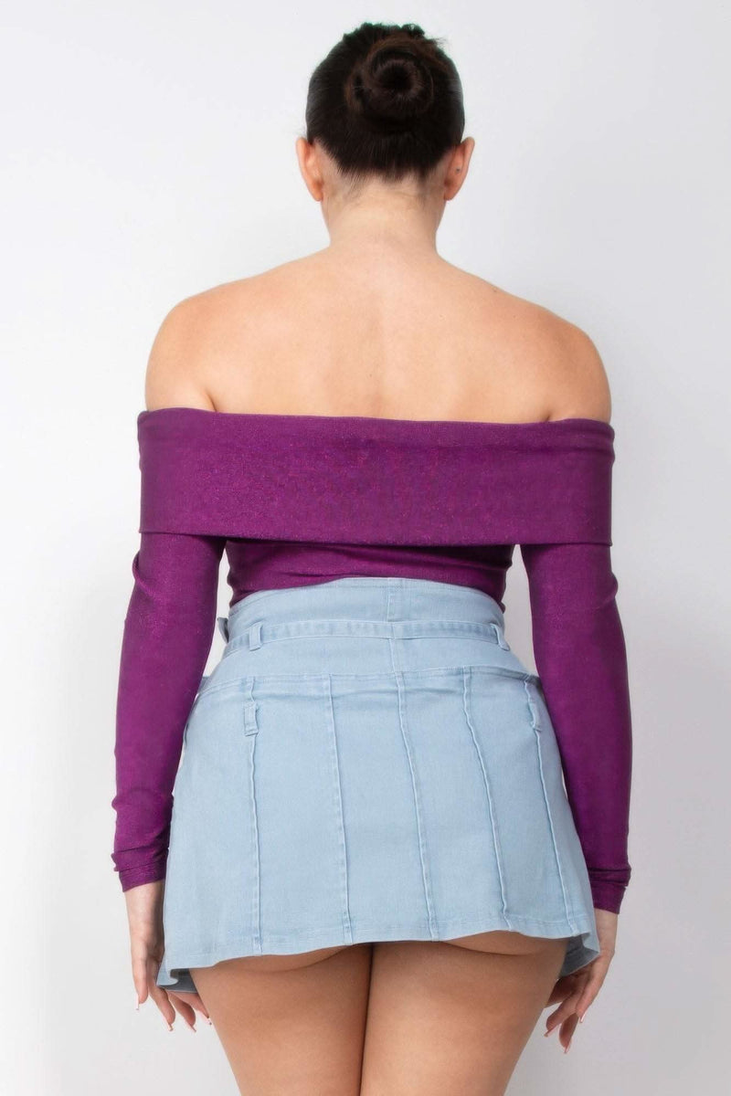 Off-shoulder Glittery Long Sleeve Bodysuit - Fit Me For 20