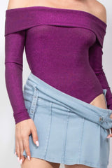 Off-shoulder Glittery Long Sleeve Bodysuit - Fit Me For 20