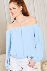 Off Shoulder Long Bubble Sleeve Solid Top - Fit Me For 20