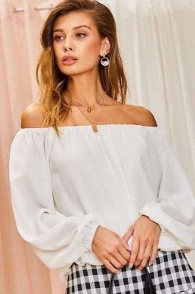 Off Shoulder Long Bubble Sleeve Solid Top - Fit Me For 20