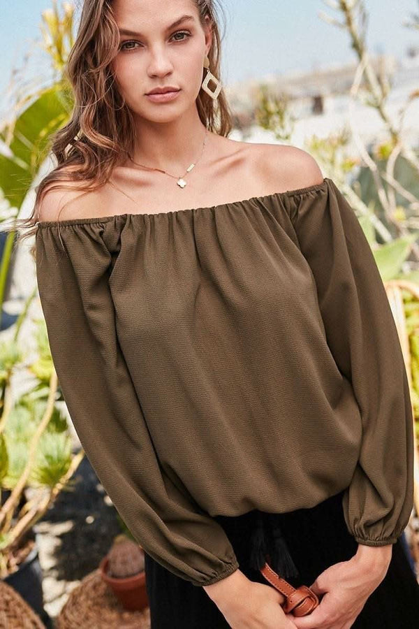 Off Shoulder Long Bubble Sleeve Solid Top - Fit Me For 20